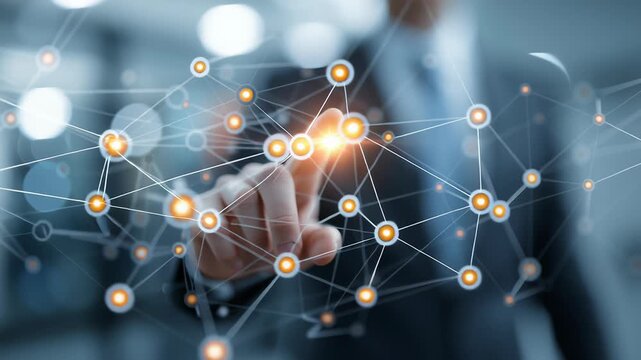 A close-up of a business professional interacting with a futuristic interface controlling AI agents workflow. Multiple connected nodes represent data, code modules, and communication tools linked 