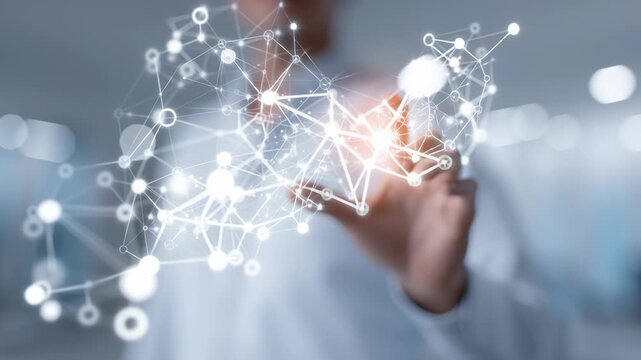 A close-up of a business professional interacting with a futuristic interface controlling AI agents workflow. Multiple connected nodes represent data, code modules, and communication tools linked 