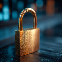Fototapeta premium Golden cybersecurity padlock on glowing blue digital background, futuristic tech concept