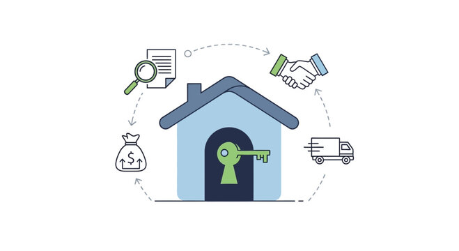 Real Estate Transaction Process: House, Key, Money, Contract, Delivery, Handshake