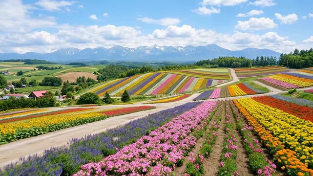 vibrant flower fields landscape in biei japan at spring video