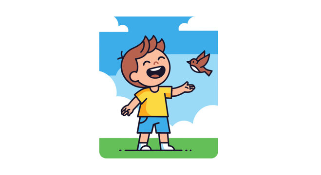 Joyful boy laughing with bird flying near him, summer day, outdoor fun
