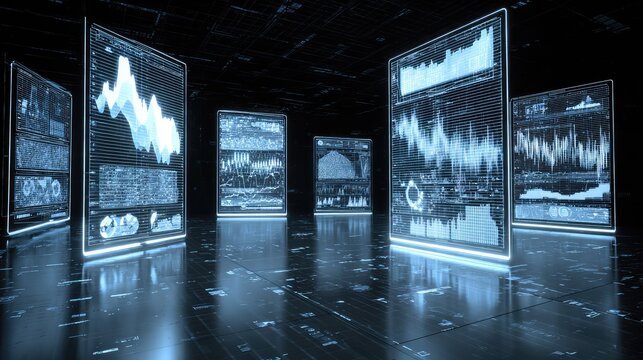 Futuristic Digital Data Visualization with Interactive Screens Displaying Graphs and Charts in a Dark Technology Environment