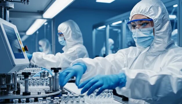 Pharmaceutical manufacturing technicians in sterile suits working on vaccine bottling line. Automated production process of medical vials in high-tech laboratory.
