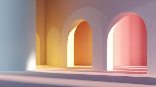 Abstract architectural space with soft pastel colors and illuminated arches casting shadows, creating a serene and tranquil atmosphere for modern design themes