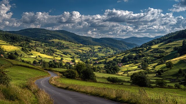Serene Countryside Landscape with Rolling Hills, Lush Green Fields, and Dramatic Cloudy Sky in the Heart of Nature