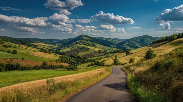Scenic countryside landscape featuring rolling hills, lush greenery, vibrant farmland, and a peaceful winding road under a blue sky adorned with fluffy clouds