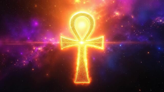 A glowing ankh symbol shines in a vibrant cosmic background.
