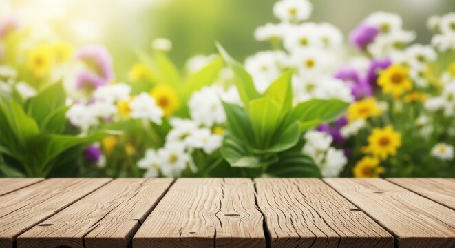 Labor day garden party concept with wooden deck and vibrant flowers
