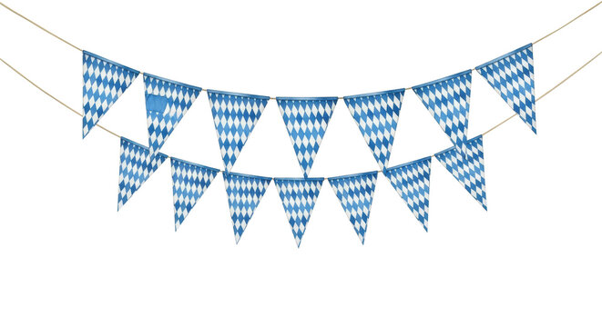 Three rows of bavarian bunting flags with a diamond pattern in watercolor style on a transparent background with copy space. Traditional oktoberfest celebration