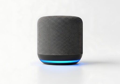 A small speaker with a blue light on a white surface