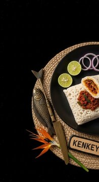 Authentic Ghanaian Kenkey with Fried Fish and Pepper Sauce - Offset Layout with Deep Negative Space for Editorial Overlay
