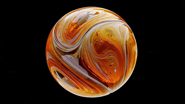Amorphous liquid basketball constantly changing shape as a glossy amber and dark red sphere on gray background