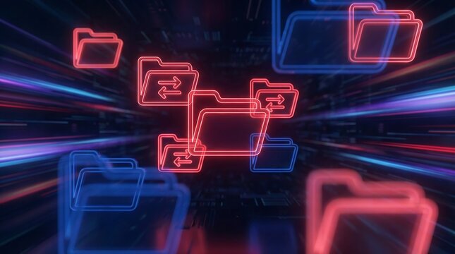 A vibrant array of neon outline folder icons, some featuring transfer arrows, are depicted in a dynamic, fast-paced digital environment, illustrating data exchange and network activity.