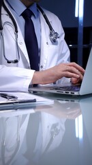Medical doctor in lab coat with stethoscope typing on laptop in a dim office, managing electronic...
