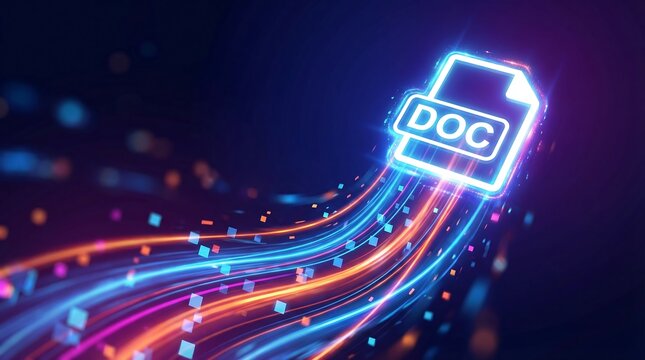A bright glowing 'DOC' file icon with data streams flowing around it, illustrating rapid document transfer and digital information exchange.