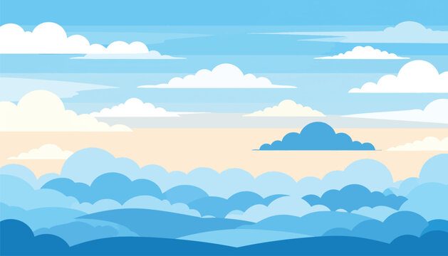 A serene landscape illustration depicts fluffy white clouds floating gently across a clear blue sky with rolling hills in the distance.