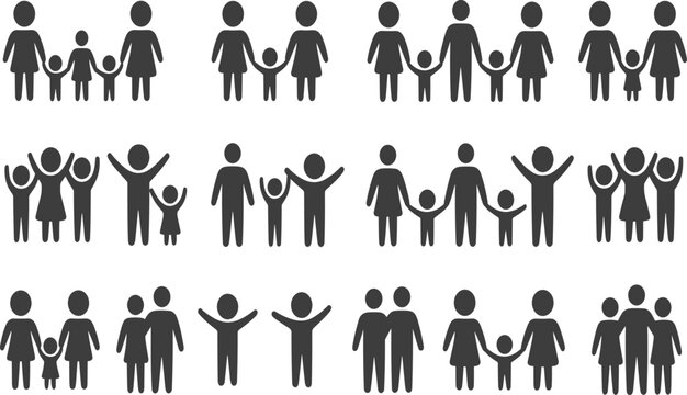 Minimalist black silhouette icons of diverse family groups with parents and children, symbolizing unity, love, parenting, relationships, and modern family diversity illustration