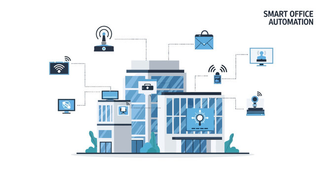 Smart Office Automation Concept: Connected Building with Technology Icons