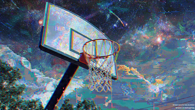 Interdimensional basketball hoop acting as a glowing portal to another galaxy.