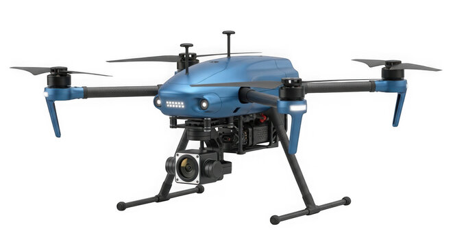Blue drone with camera attached to it isolated on transparent background