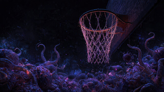 Eldritch basketball hoop with a glowing ethereal net in a dark cosmic environment.