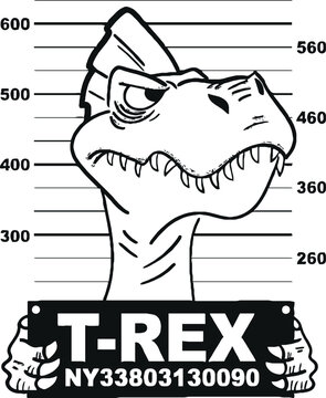 A black and white drawing of a t rex with a mugshot