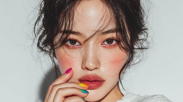 Colorful Nail polish pattern and model woman with Bottles of nail polish,Set pastel colors nail polish,studio makeup,beauty,fashion concept,space for text.