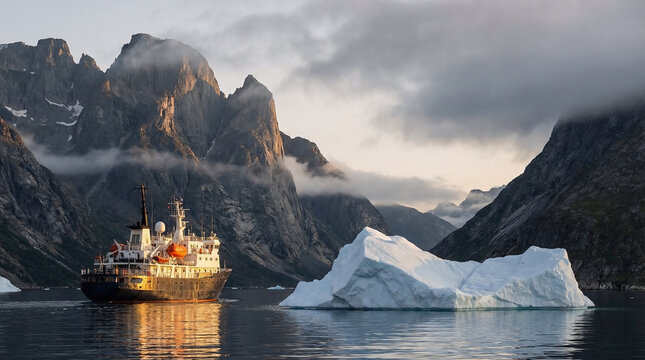 Expedition cruise ship near a massive iceberg in a dramatic misty mountain fjord