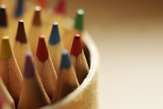 Back to school. close up of colored pencils on white background. School education. Photo. Background. 