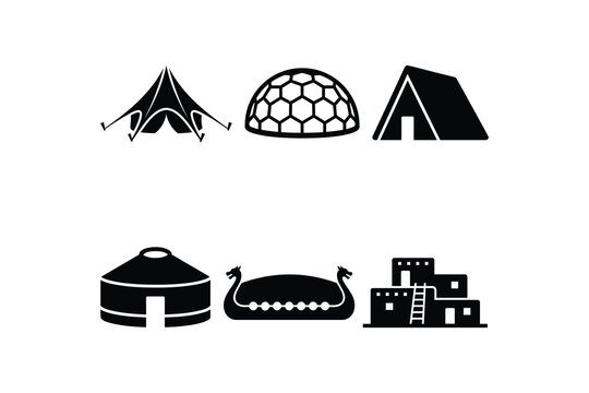 Cultural Dwellings and Historical Structures Icons - Diverse Housing Types Black and White Set