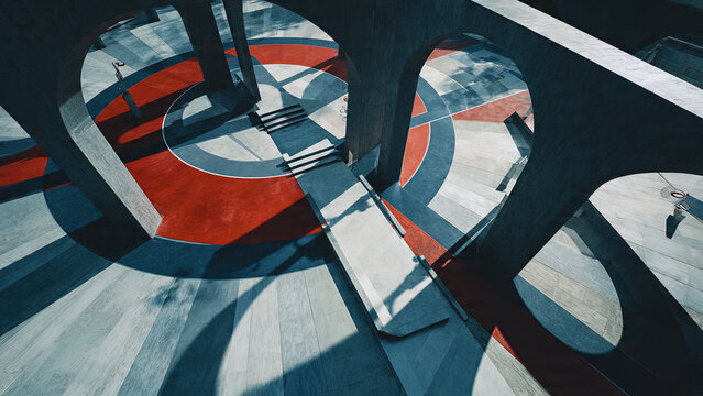 Creative isometric view of an architectural basketball court with geometry.