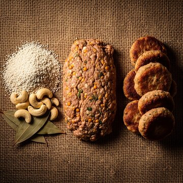 Rustic flat lay of Shami Kebab preparation featuring lentils, cashews, bay leaves, raw minced meat mixture, and golden grilled kebab patties.
