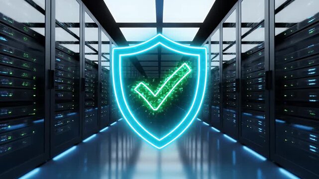 Glowing neon shield with checkmark symbol protecting a modern data center server room