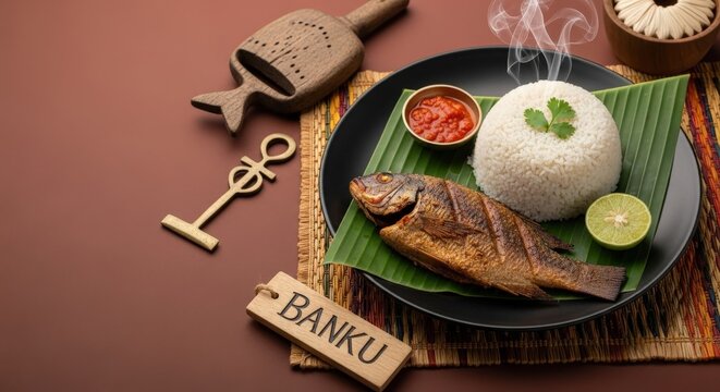 Authentic Ghanaian Banku and Grilled Tilapia with Pepper Sauce and Steam - Offset Layout with Earth-Toned Copyspace for Pull Quotes