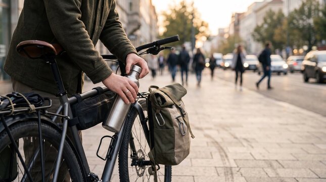 Cyclist with bike and pannier on a busy city street at golden hour sustainable nomad living concept