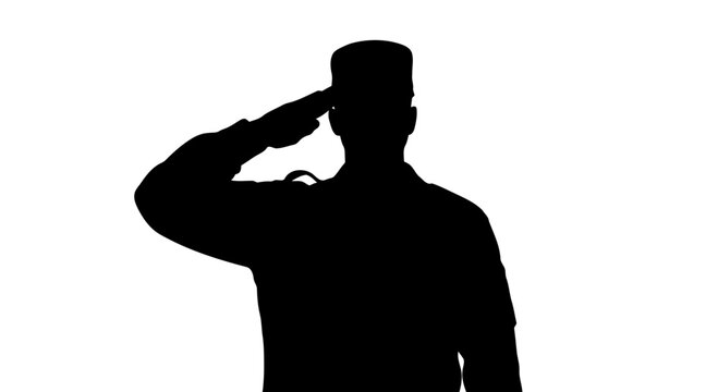 Silhouette of a person saluting against a white background.
