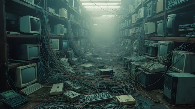 Tangled wires connecting vintage electronic devices on shelves