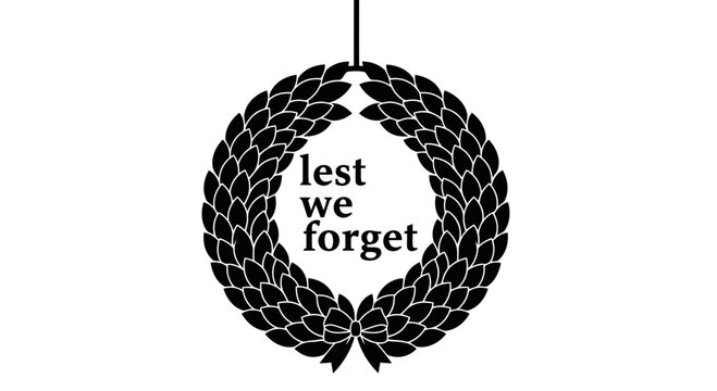 A black laurel wreath with the phrase lest we forget in the center, symbolizing remembrance.