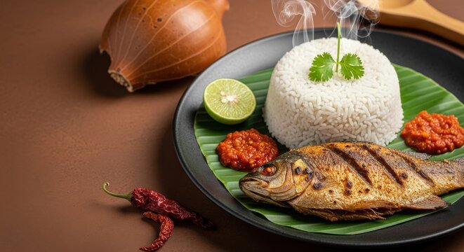 Gourmet Ghanaian Banku and Grilled Tilapia with Pepper Sauce and Steam - Offset Layout with Earth-Toned Copyspace for Pull Quotes