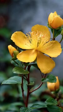 Close Up of Vibrant Yellow Hypericum Flower with Delicate Stamens