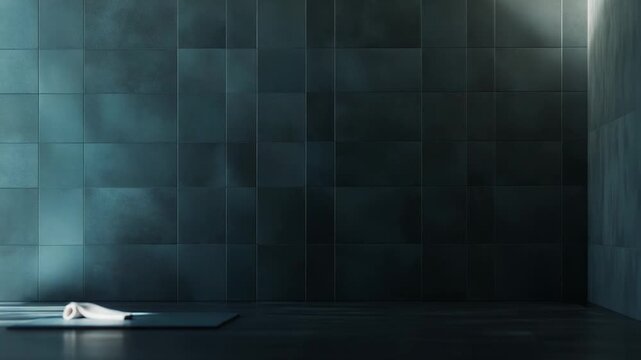 Yoga mat on studio floor bathed in warm sunlight, casting soft shadows on textured wall a minimalist, tranquil space for mindfulness, meditation and gentle exercise