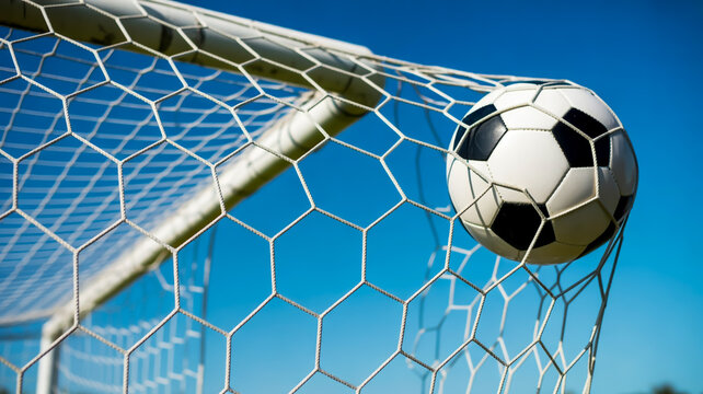 A soccer ball flies into the goal net on a clear day