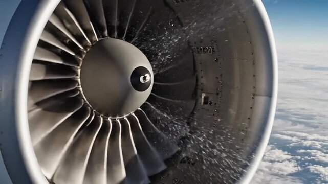 Extreme slow-motion 4K footage of jet engine turbine spinning mid-flight, detailed capture of blade rotation with sharp edges and smooth motion trails, cinematic lighting with high contrast shadows