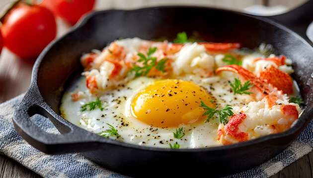 Healthy eating. Continental breakfast. Healthy breakfast with eggs, pieces of crab sticks . Soft-fried egg, skillet pot, cast iron pan. Prepaing food