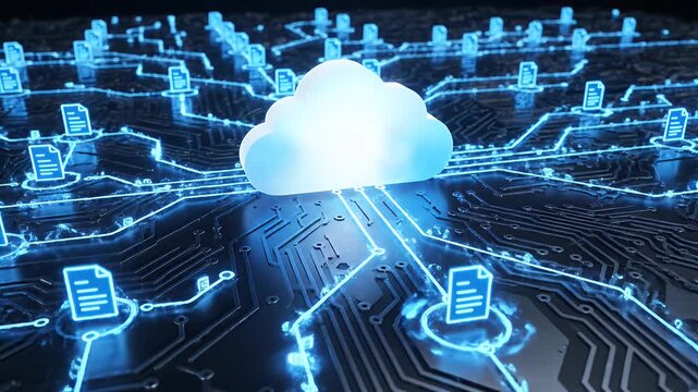 Cloud computing network storing and transferring digital data files across a futuristic circuit board