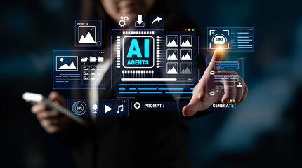 Obraz premium Futuristic Interface Displaying AI Agents and Digital Interactions for Creative Applications and Innovative Technology Concepts in Modern Workspace Environments Quark.