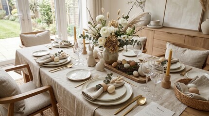 Naklejka na ściany i meble Elegant and bright Easter dining table setting with a floral centerpiece, ceramic rabbits, and decorated eggs ready for a festive meal.