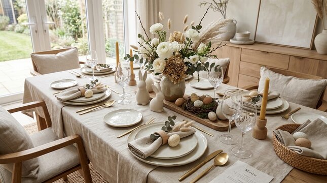 Elegant and bright Easter dining table setting with a floral centerpiece, ceramic rabbits, and decorated eggs ready for a festive meal.
