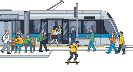 Obraz premium Diverse commuters board modern light rail train at urban station platform